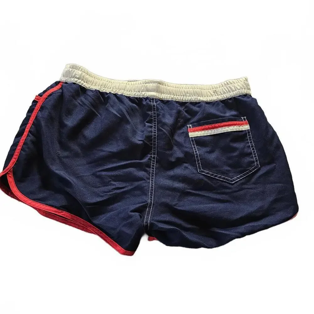 Letsok Navy Blue Athletic Shorts with Red Trim, Size Medium